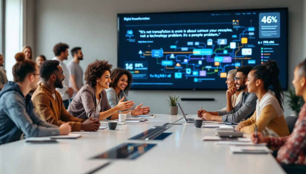 A diverse group of people collaborating on digital transformation projects, emphasizing that digital transformation is about people not just processes and technology.