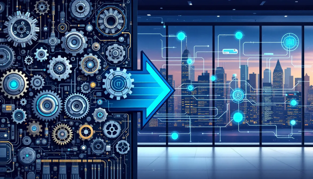 An illustration depicting traditional IT processes with complex workflows.