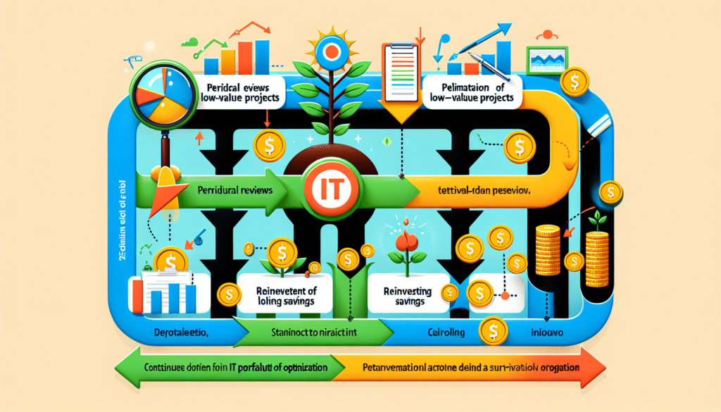 A visual guide to continuous IT portfolio optimization, emphasizing the importance of monitoring investments regularly to maximize impact.